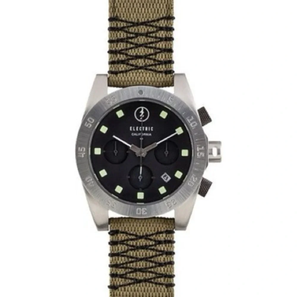 Electric DW01 Mens Chronograph Watch Black Dial Olive Nylon Band Contrast Stitch